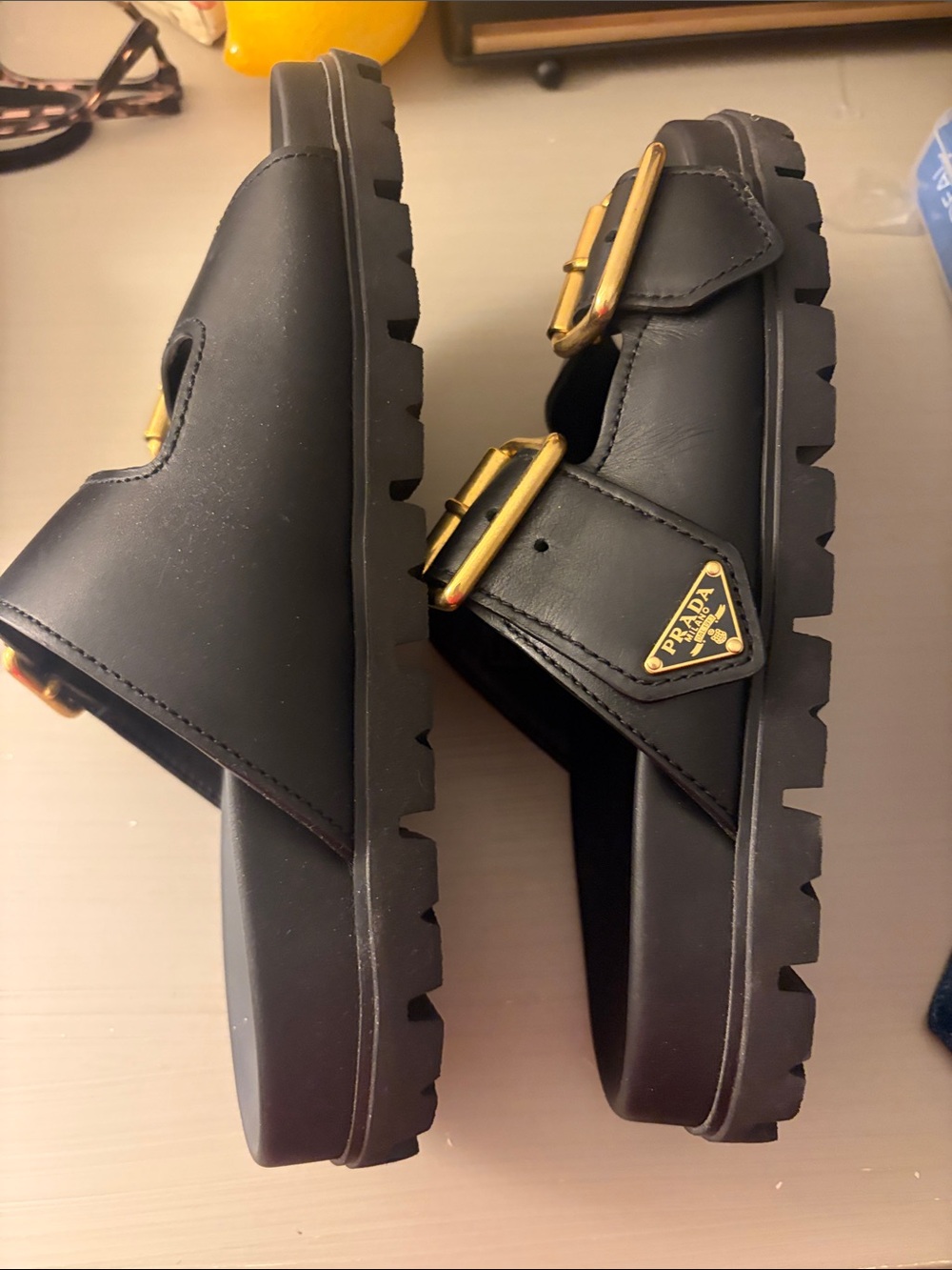 Prada Women’s Black Leather Logo Slide Sandals with Gold Hardware size 37 - Picture 2 of 6